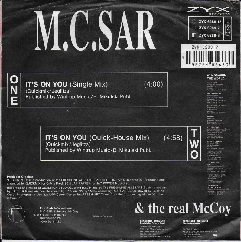 M.C. Sar & The Real McCoy - It's On You 20162 Vinyl Singles Vinyl Goed / Hoes Goed