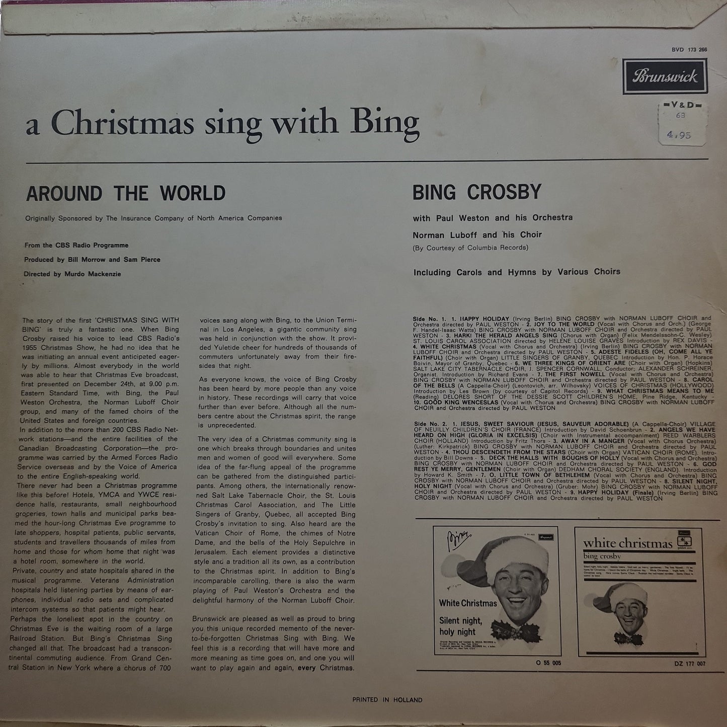 Bing Crosby , Norman Luboff Choir - A Christmas Sing With Bing - Around The World (LP) Vinyl LP Vinyl Zeer Goed / Hoesje Goed "VINYLSINGLES.NL"