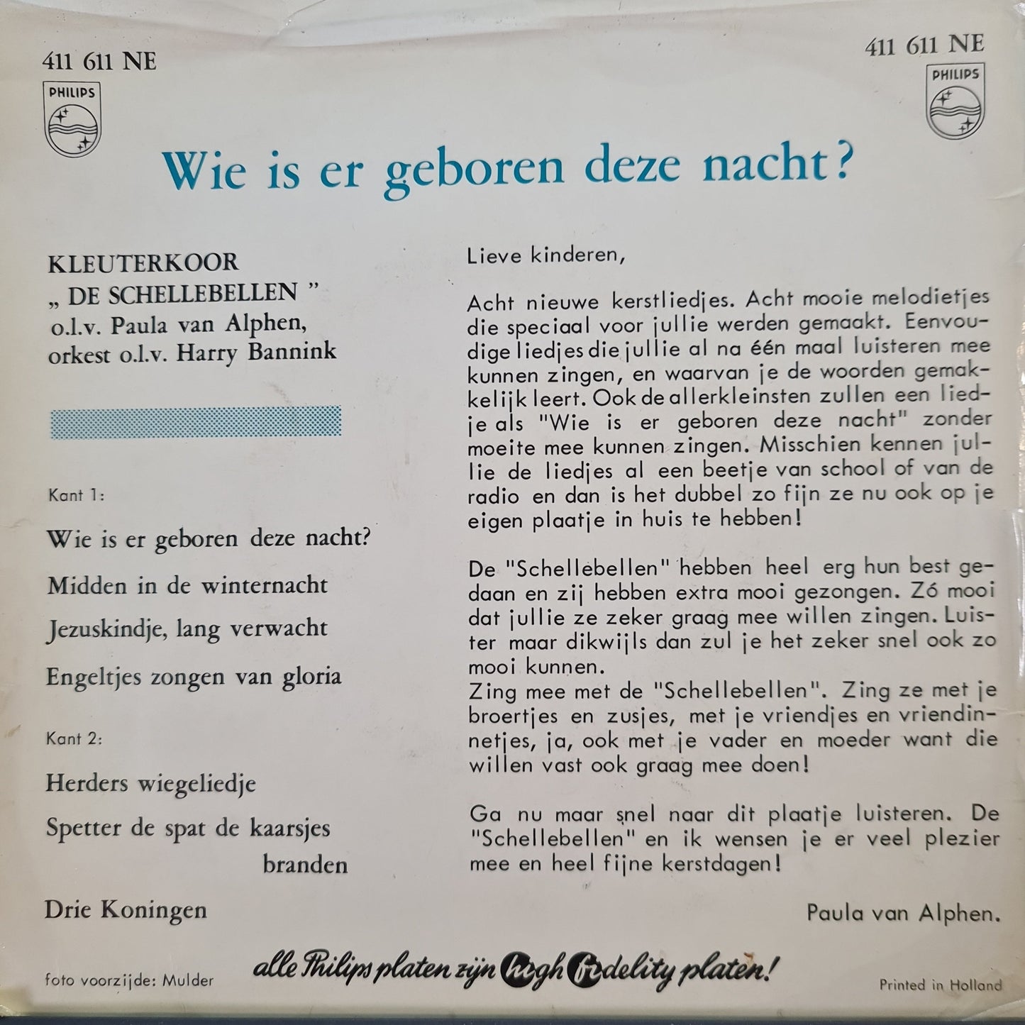 Schellebellen - Wie is er geboren deze nacht? 32272 Vinyl Singles EP Vinyl Goed / Hoes Goed