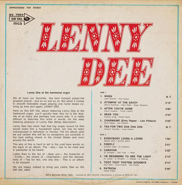 Lenny Dee - Lenny Dee At The Hammond Organ (LP) 40340 Vinyl LP Vinyl Goed / Hoes Goed