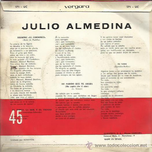 Julio Almedina - Brindis A El Cordobes 01758 Vinyl Singles EP Vinyl Goed / Hoes Goed