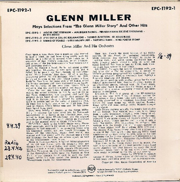 Glenn Miller And His Orchestra - Plays Selections Vinyl Singles EP Vinyl Zeer Goed / Hoesje Goed "VINYLSINGLES.NL"