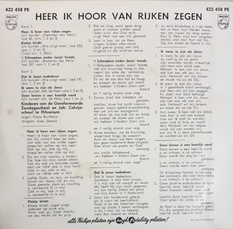 Kinderen van de Gereformeerde Zondagsschool en Joh. Calvijnschool te Hilversum - Heer Ik Hoor Van Rijken Zeggen 22419 Vinyl Singles Vinyl Goed / Hoes Goed