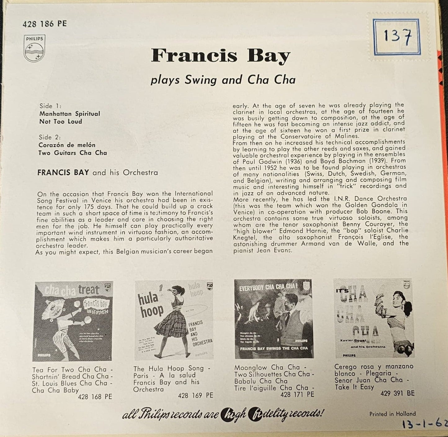 Francis Bay And His Orchestra – Plays Swing and Cha Cha Cha Vinyl Singles EP Vinyl Zeer Goed / Hoesje Goed "VINYLSINGLES.NL"