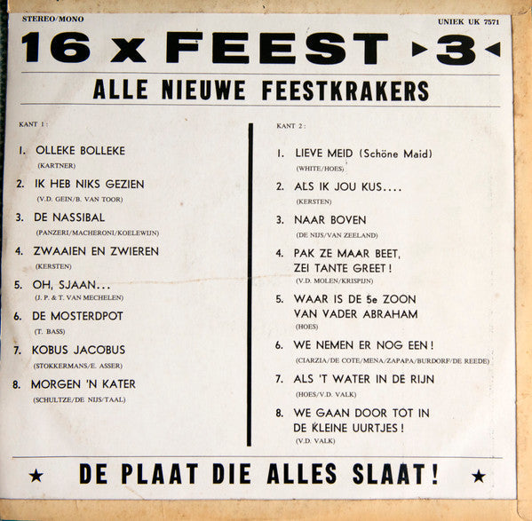 Various - 16 X Feest 3 (LP) 42086 Vinyl LP Vinyl Goed / Hoes Goed