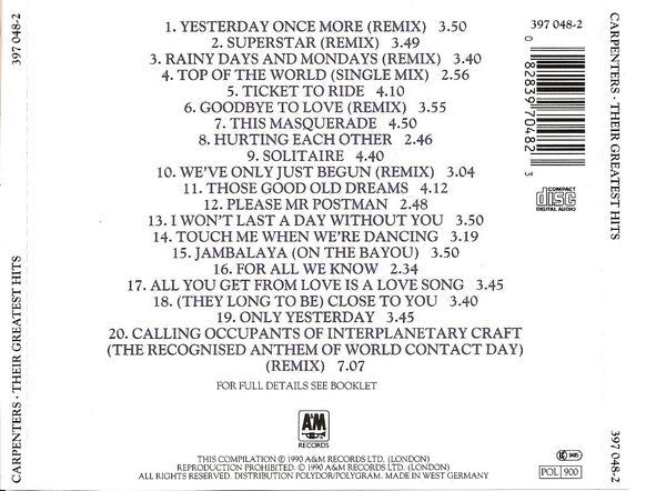 Carpenters - Their Greatest Hits (CD) Compact Disc Vinyl Goed / Hoes Goed