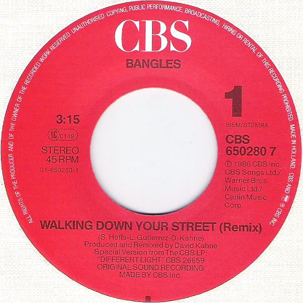 Bangles - Walking Down Your Street 19697 (B) Vinyl Singles Vinyl Goed / Hoes Redelijk