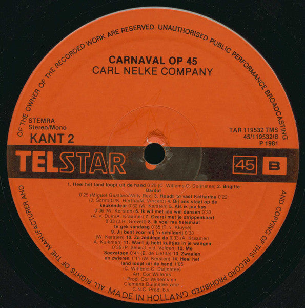 Carl Nelke Company - Carnaval Op 45 (LP) Vinyl LP Vinyl Zeer Goed / Hoesje Goed "VINYLSINGLES.NL"
