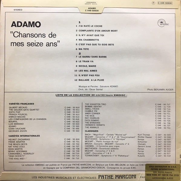 Adamo - Chansons De Mes Seize Ans (LP) Vinyl LP Vinyl Zeer Goed / Hoesje Goed "VINYLSINGLES.NL"