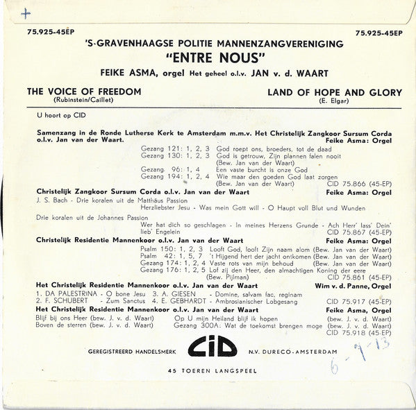 S Gravenhaags Politie Mannenzangvereniging Entre Nous - The Voice Of Freedom 38212 (B) Vinyl Singles Vinyl Goed / Hoes Goed