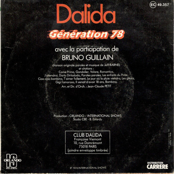 Dalida - Génération 78 Vinyl Singles Vinyl Zeer Goed / Hoesje Goed "VINYLSINGLES.NL"
