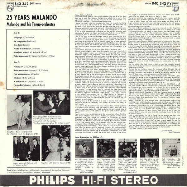 Malando And His Tango Orchestra - 25 Years Malando (LP) 50284 (B) Vinyl LP Vinyl Goed / Hoes Goed