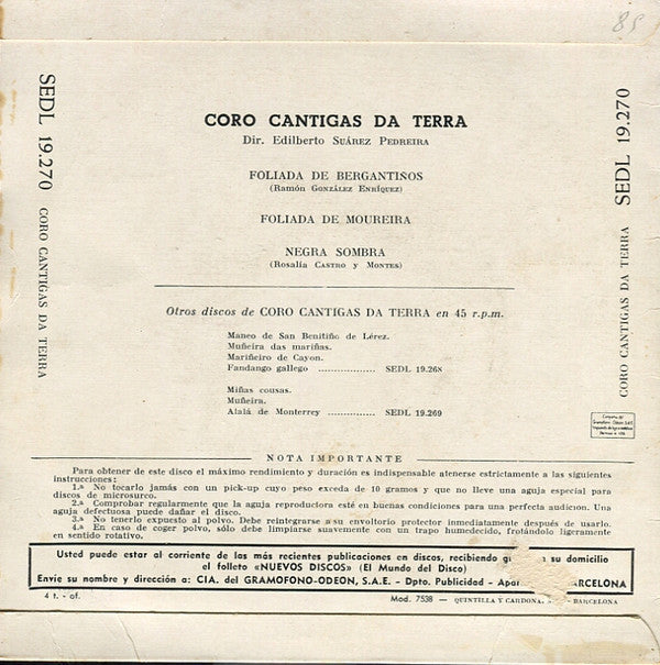 Cantigas Da Terra - Foliada De Bergantinos Vinyl Singles EP Vinyl Zeer Goed / Hoesje Goed "VINYLSINGLES.NL"