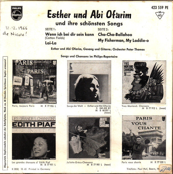 Esther & Abi Ofarim - Esther Und Abi Ofarim Und Ihre Schönsten Songs Vinyl Singles EP Vinyl Zeer Goed / Hoesje Goed "VINYLSINGLES.NL"