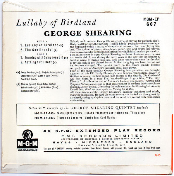 George Shearing Quintet - Lullaby Of Birdland Vinyl Singles EP Vinyl Zeer Goed / Hoesje Goed "VINYLSINGLES.NL"