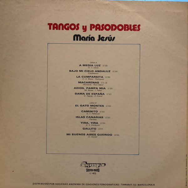 María Jesús - Tangos y Pasodobles (LP) 41461 Vinyl LP Vinyl Goed / Hoes Goed