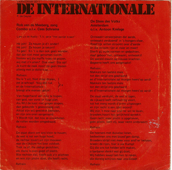 Rob van de Meeberg / De Stem Des Volks - De Internationale 38307 Vinyl Singles Vinyl Goed / Hoes Goed
