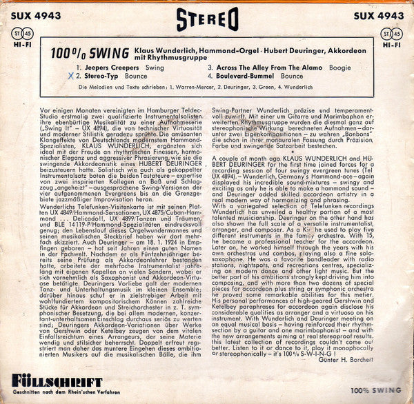 Klaus Wunderlich, Hubert Deuringer - 100% Swing 17588 Vinyl Singles EP Vinyl Goed / Hoes Goed