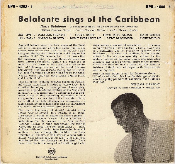 Harry Belafonte - Belafonte Sings Of The Caribbean 17098 Vinyl Singles EP Vinyl Goed / Hoes Redelijk