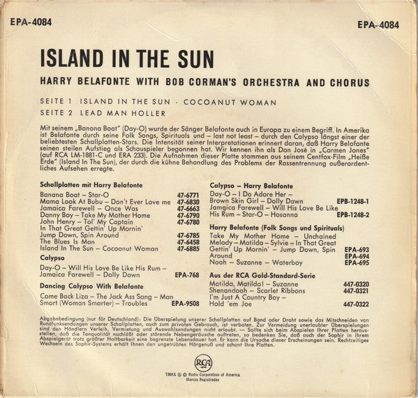 Harry Belafonte - Island In The Sun (Musik Aus Dem Centfox-Film "Heisse Erde") 40850 Vinyl Singles EP Vinyl Goed / Hoes Goed