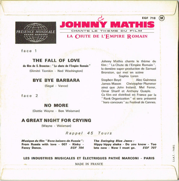 Johnny Mathis - La Chute De L'Empire Romain 29234 Vinyl Singles EP Vinyl Goed / Hoes Goed
