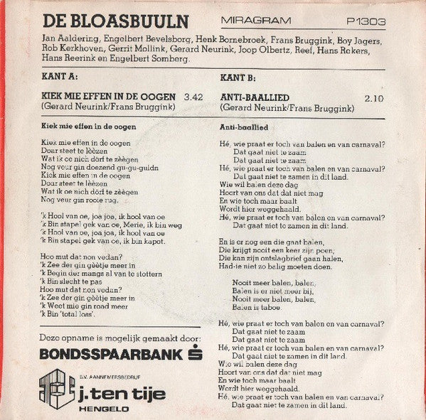 Bloasbuuln, Twents Jeugd Harmonie Orkest - Kiek Mie Effen In De Ogen 40316 Vinyl Singles Vinyl Goed / Hoes Goed