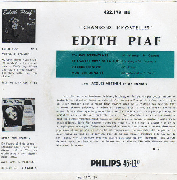 Edith Piaf Avec L'Orchestre De Jacques Météhen - Chansons Immortelles Vinyl Singles Vinyl Zeer Goed / Hoesje Goed "VINYLSINGLES.NL"