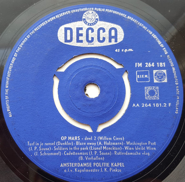 Amsterdamse Politiekapel o.l.v. Johan Pinkse - Op Mars Vinyl Singles Vinyl Zeer Goed / Hoesje Goed "VINYLSINGLES.NL"