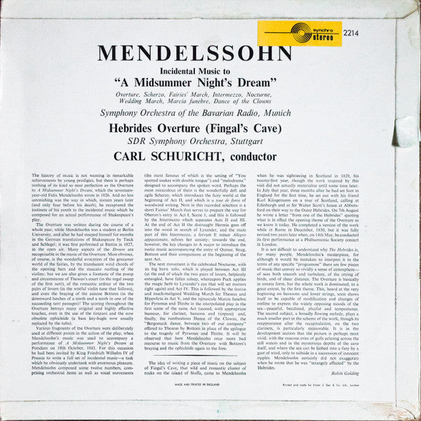 Felix Mendelssohn-Bartholdy - A Midsummer Night's Dream (LP) Vinyl LP Vinyl Zeer Goed / Hoesje Goed "VINYLSINGLES.NL"