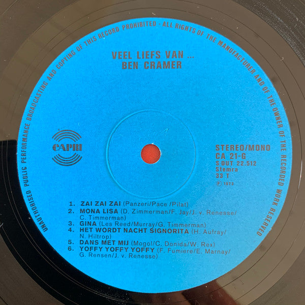 Ben Cramer - Veel Liefs Van ... Ben Cramer (LP) Vinyl LP Vinyl Zeer Goed / Hoesje Goed "VINYLSINGLES.NL"