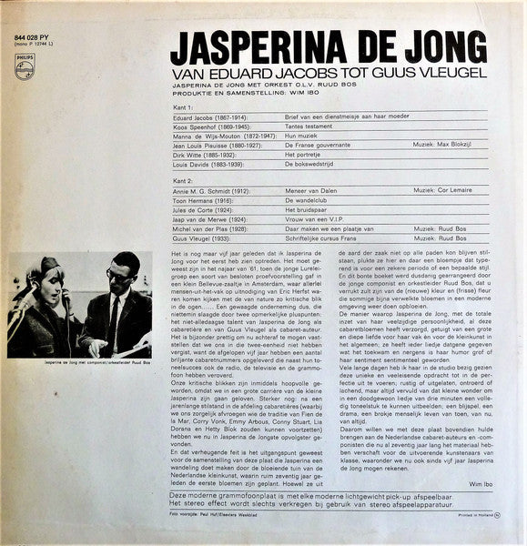 Jasperina Jong - Van Eduard Jacobs Tot Guus Vleugel (LP) 50049 Vinyl LP Vinyl Goed / Hoes Goed