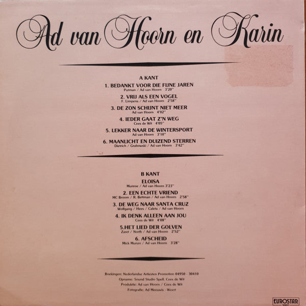 Ad van Hoorn en Karin - Bedankt Voor Die Fijne Jaren (LP) Vinyl LP Vinyl Zeer Goed / Hoesje Goed "VINYLSINGLES.NL"