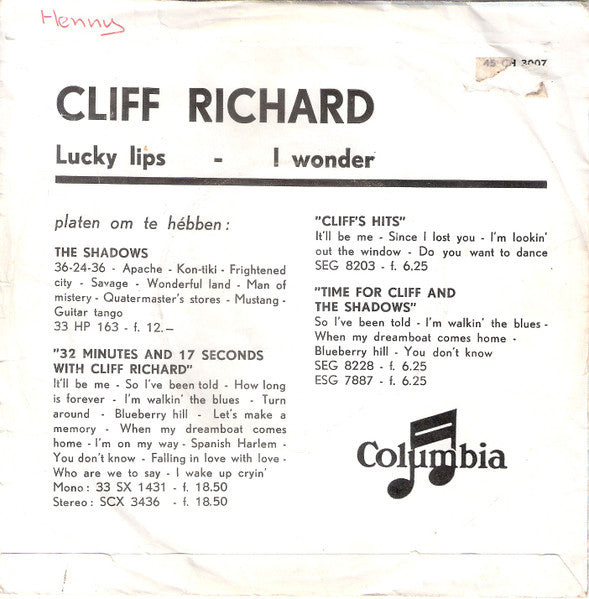 Cliff Richard - Lucky Lips (B-Keus) Vinyl Singles Vinyl Goed / Hoesje Slecht "VINYLSINGLES.NL"