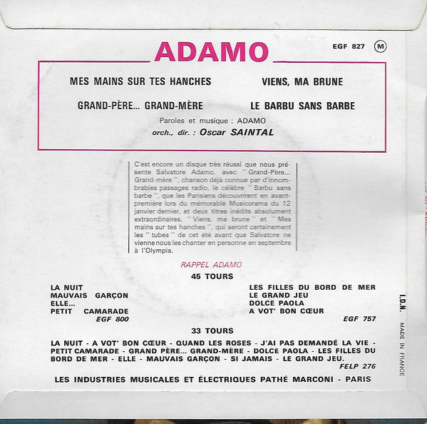 Adamo - Mes Mains Sur Tes Hanches Vinyl Singles Vinyl Zeer Goed / Hoesje Goed "VINYLSINGLES.NL"