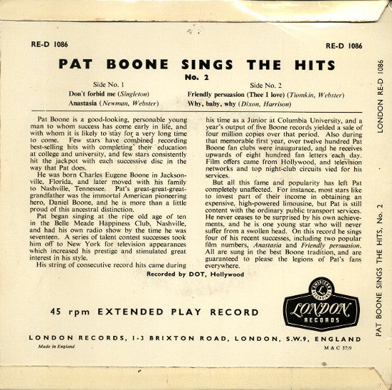 Pat Boone - Sings The Hits Number 2 32731 Vinyl Singles Vinyl Goed / Hoes Goed