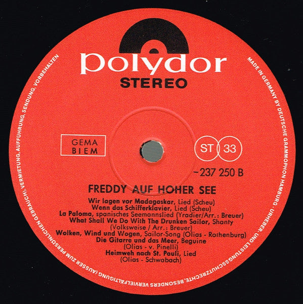Freddy - Auf Hoher See (LP) Vinyl LP Vinyl Zeer Goed / Hoesje Goed "VINYLSINGLES.NL"