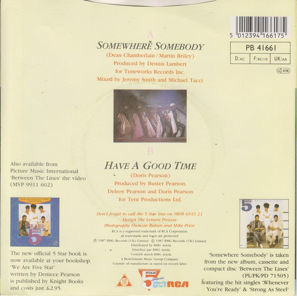 Five Star - Somewhere Somebody Vinyl Singles Vinyl Zeer Goed / Hoesje Goed "VINYLSINGLES.NL"