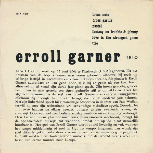 Erroll Garner Trio - Erroll Garner Vinyl Singles Vinyl Zeer Goed / Hoesje Goed "VINYLSINGLES.NL"