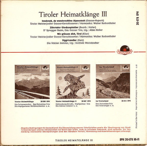 Tiroler Meisterjodler - Tiroler Heimatklänge III 11327 Vinyl Singles EP Vinyl Goed / Hoes Goed