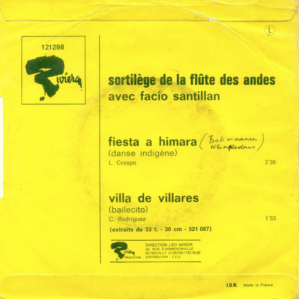 Facio Santillan - Sortilege De La Flute Des Andes Vinyl Singles Vinyl Zeer Goed / Hoesje Goed "VINYLSINGLES.NL"