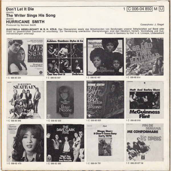 Hurricane Smith - Don't Let It Die Vinyl Singles Vinyl Zeer Goed / Hoesje Goed "VINYLSINGLES.NL"