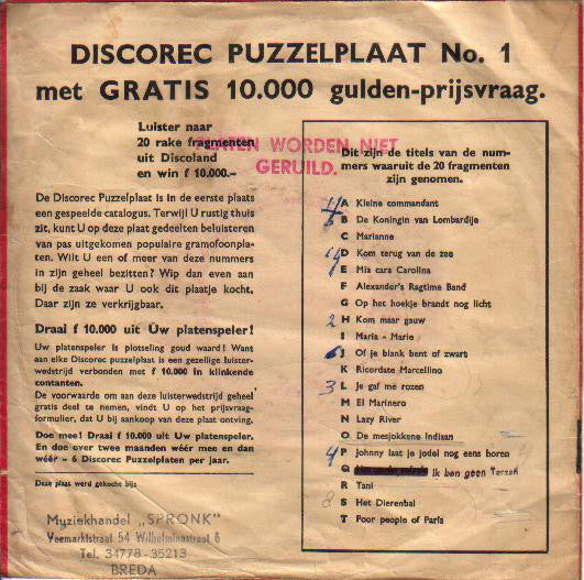 Unknown Artist - "Discorec" Puzzel Plaat No.1 - F 10.000 Aan Prijzen 24940 Vinyl Singles Vinyl Goed / Hoes Goed