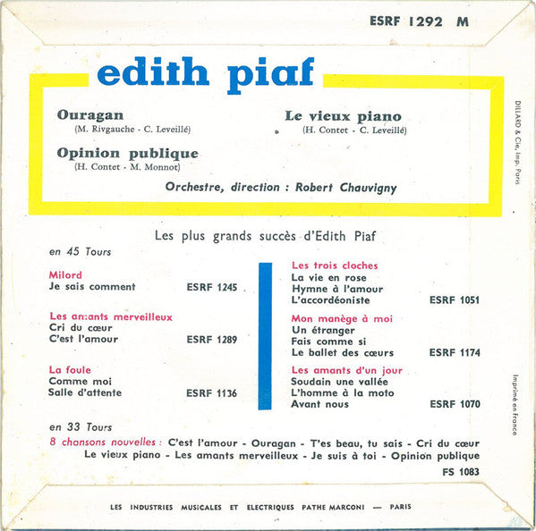 Edith Piaf - Ouragan Vinyl Singles EP Vinyl Zeer Goed / Hoesje Goed "VINYLSINGLES.NL"