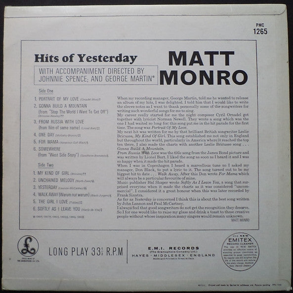 Matt Monro - Hits Of Yesterday (LP) 48412 (B) Vinyl LP Vinyl Goed / Hoes Goed