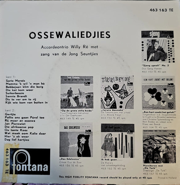 Accordeontrio Willy Ré - Ossewaliedjies - No. 3 36333 Vinyl Singles Vinyl Goed / Hoes Goed