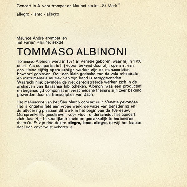 Tommaso Albinoni / W.A. Mozart - Concert In A Voor Trompet En Klarinet-Sextet "St. Mark" 30026 Vinyl Singles Vinyl Goed / Hoes Goed
