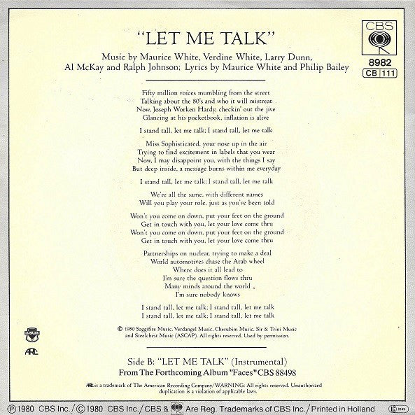 Earth, Wind & Fire - Let Me Talk Vinyl Singles Vinyl Zeer Goed / Hoesje Goed "VINYLSINGLES.NL"