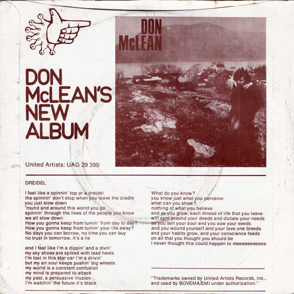 Don McLean - Dreidel Vinyl Singles Vinyl Zeer Goed / Hoesje Goed "VINYLSINGLES.NL"