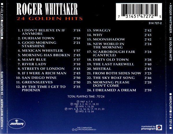 Roger Whittaker - 24 Golden Hits (CD) Compact Disc Vinyl Goed / Hoes Goed
