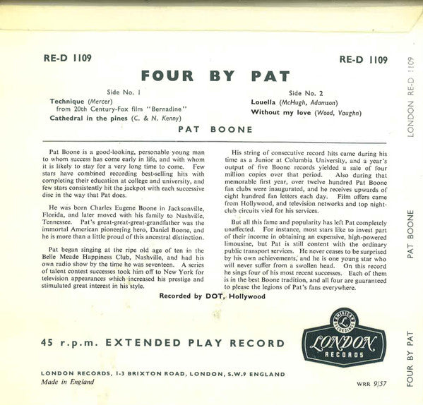 Pat Boone - Four By Pat 29013 Vinyl Singles EP Vinyl Goed / Hoes Goed
